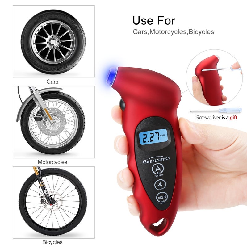 Geartronics Digital Tire Pressure Gauge 150 PSI 4 Settings with Backlight LCD Tire Gauge for Cars, Motorcycles and Bikes with Non-Slip Grip, 2 Pack - Image 4